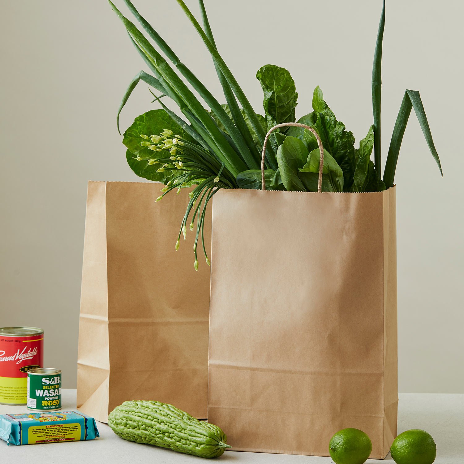 Paper bag packed with groceries