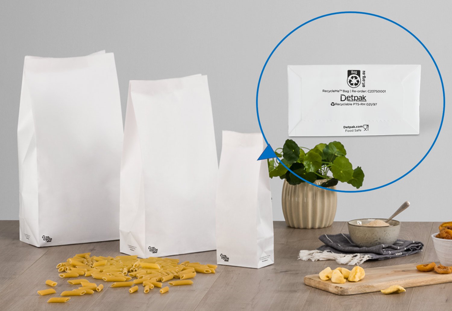 Image of RecycleMe bags filled with pasta and showing the Australasian Recycling Label
