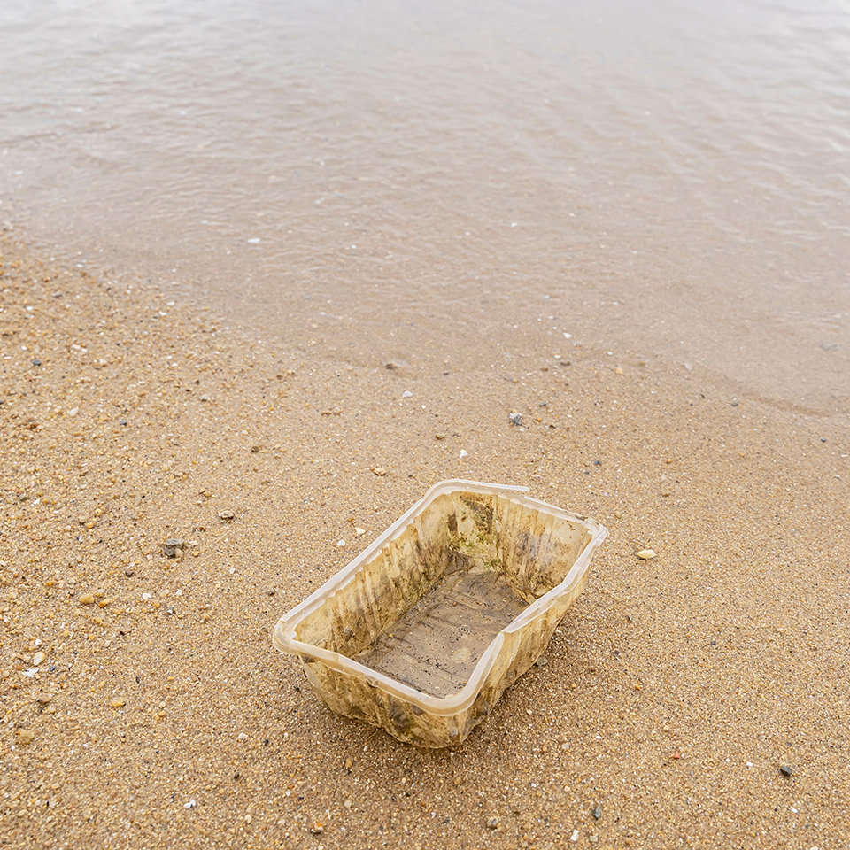 Image of plastic container sitting in sand