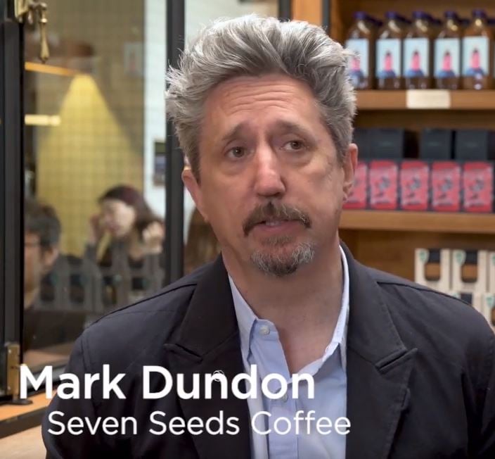 Image of Mark Dundon in an interview about RecycleMe and Seven Seeds Coffee