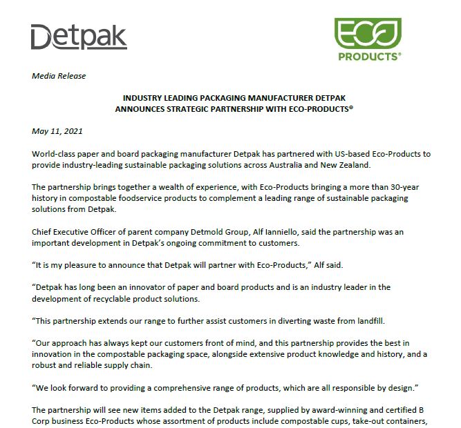 Image of Media release Detpak and Eco-Products