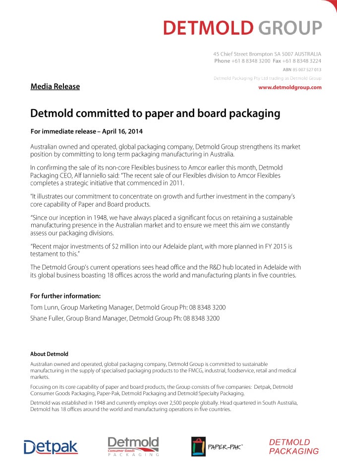 DETMOLD COMMITTED TO PAPER AND BOARD PACKAGING