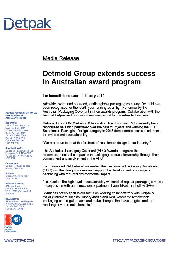 DETMOLD GROUP EXTENDS SUCCESS