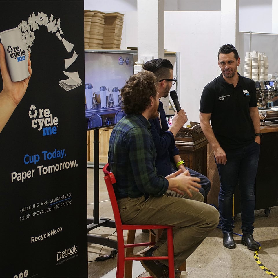 Image of Craig Simon, Maxwell Colonna Dashwood and Detpak's Clint Hendry at the Taylor Street Barista launch event