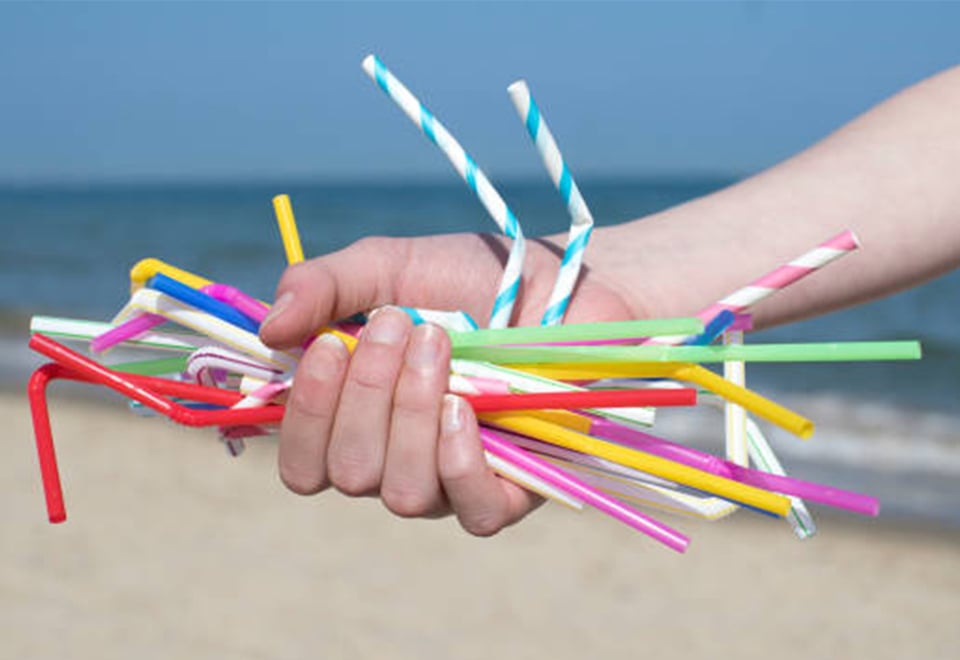 Hand filled with colourful plastic straws pictured at the beach. 
