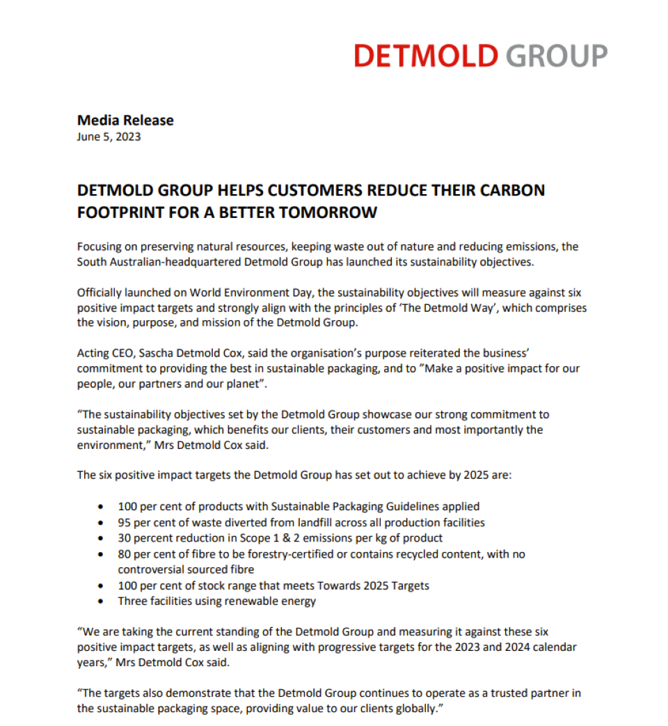 Image of media release for Detmold Group