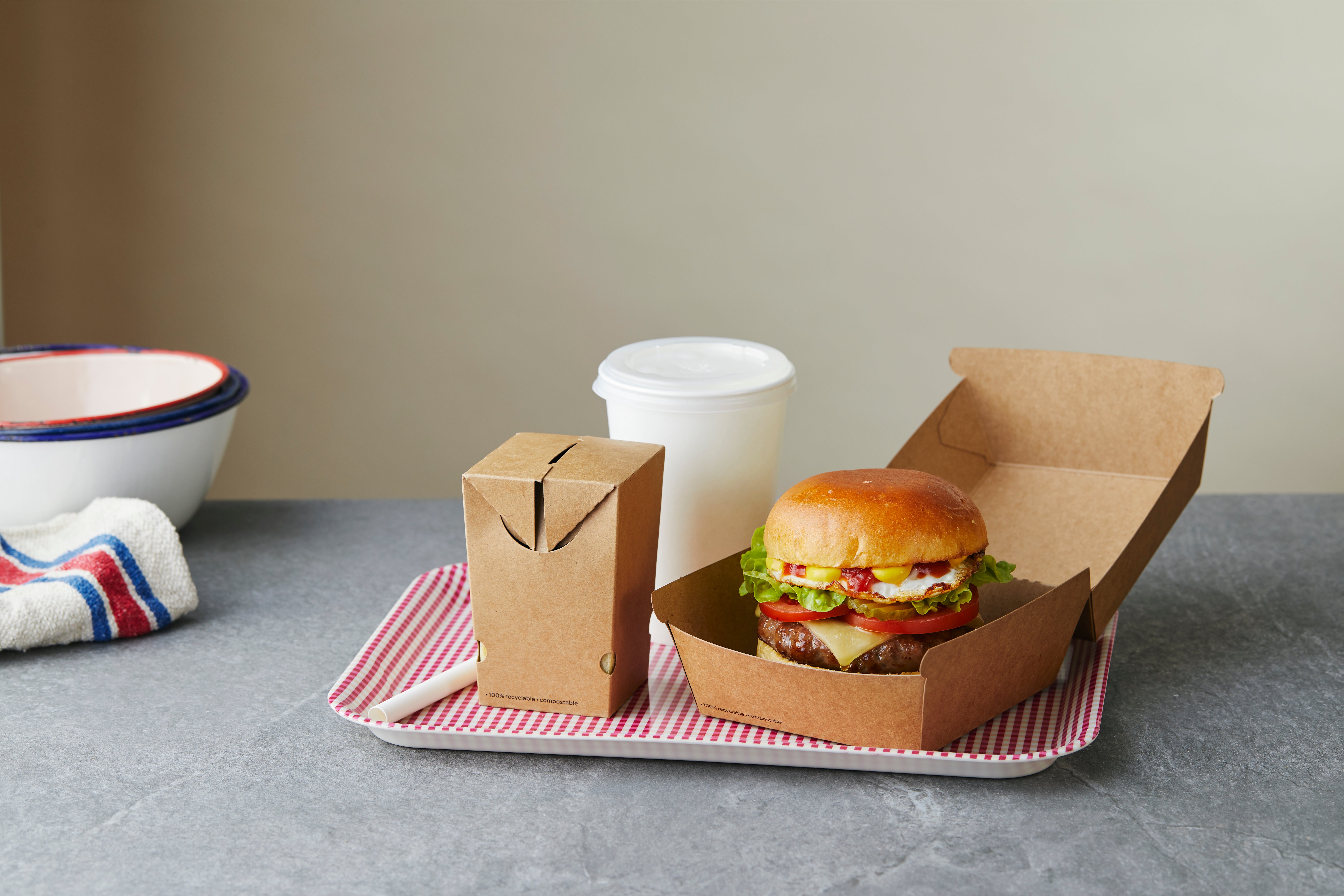 Takeaway food packaged in cartons. 