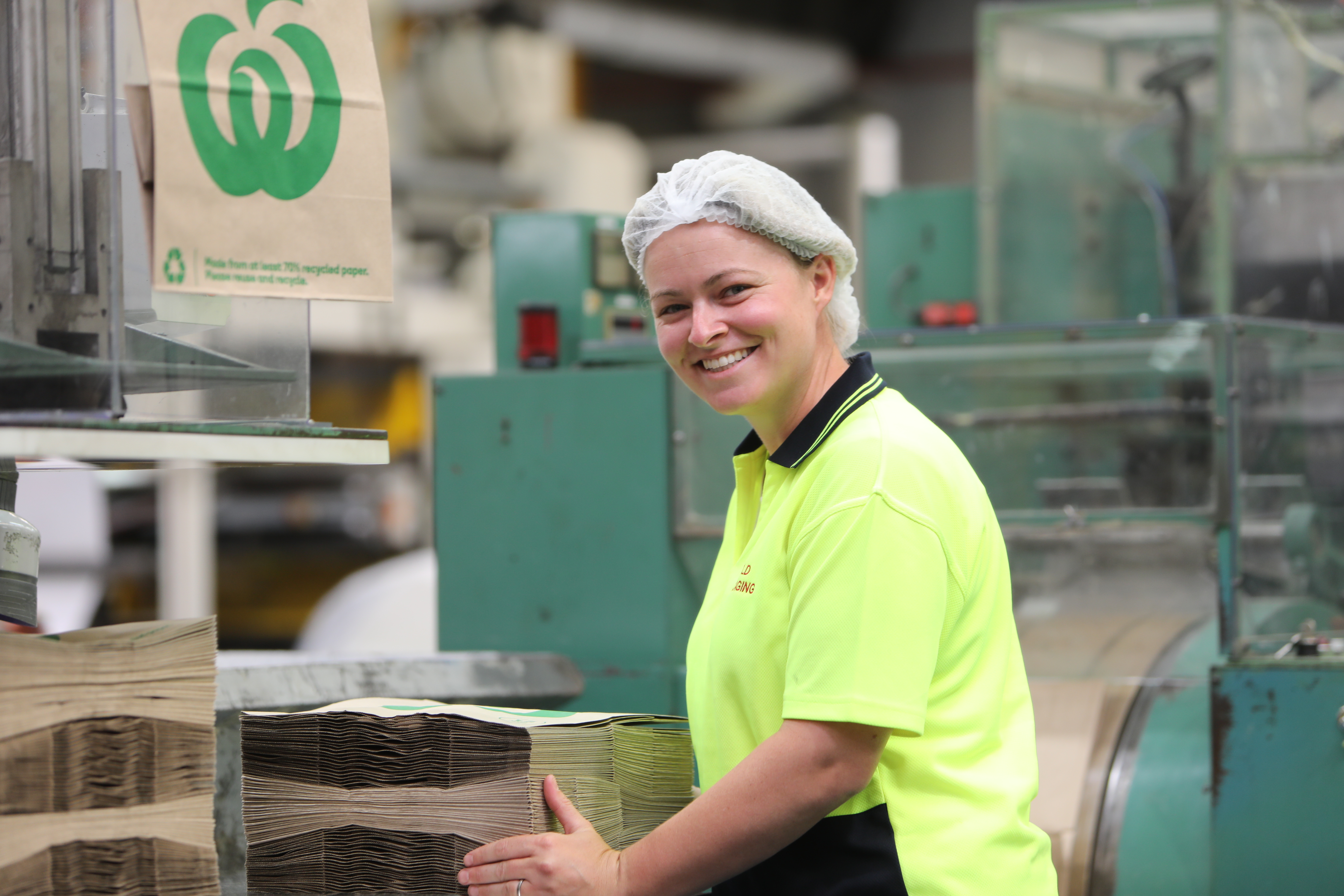 Woolworths locally made paper carry bag pictured in Detpak's Adelaide manufacturing plant.