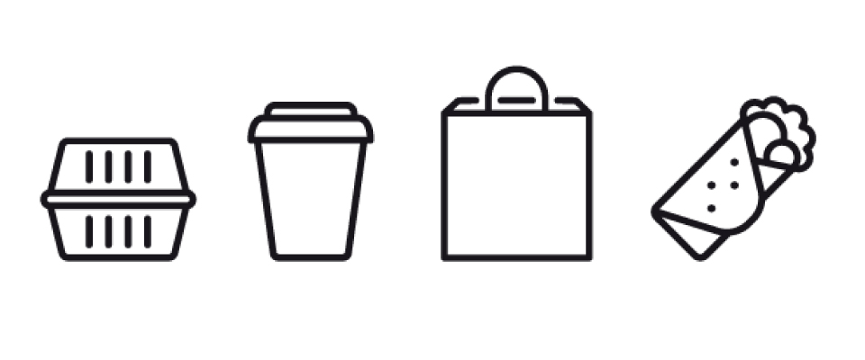 Clamshell container, coffee cup, paper bag and wrap icons. 