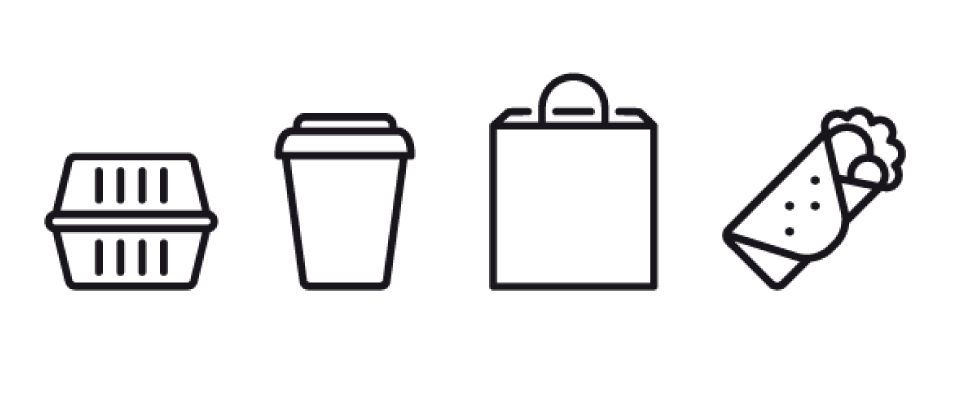 Clamshell container, coffee cup, paper bag and wrap icons.