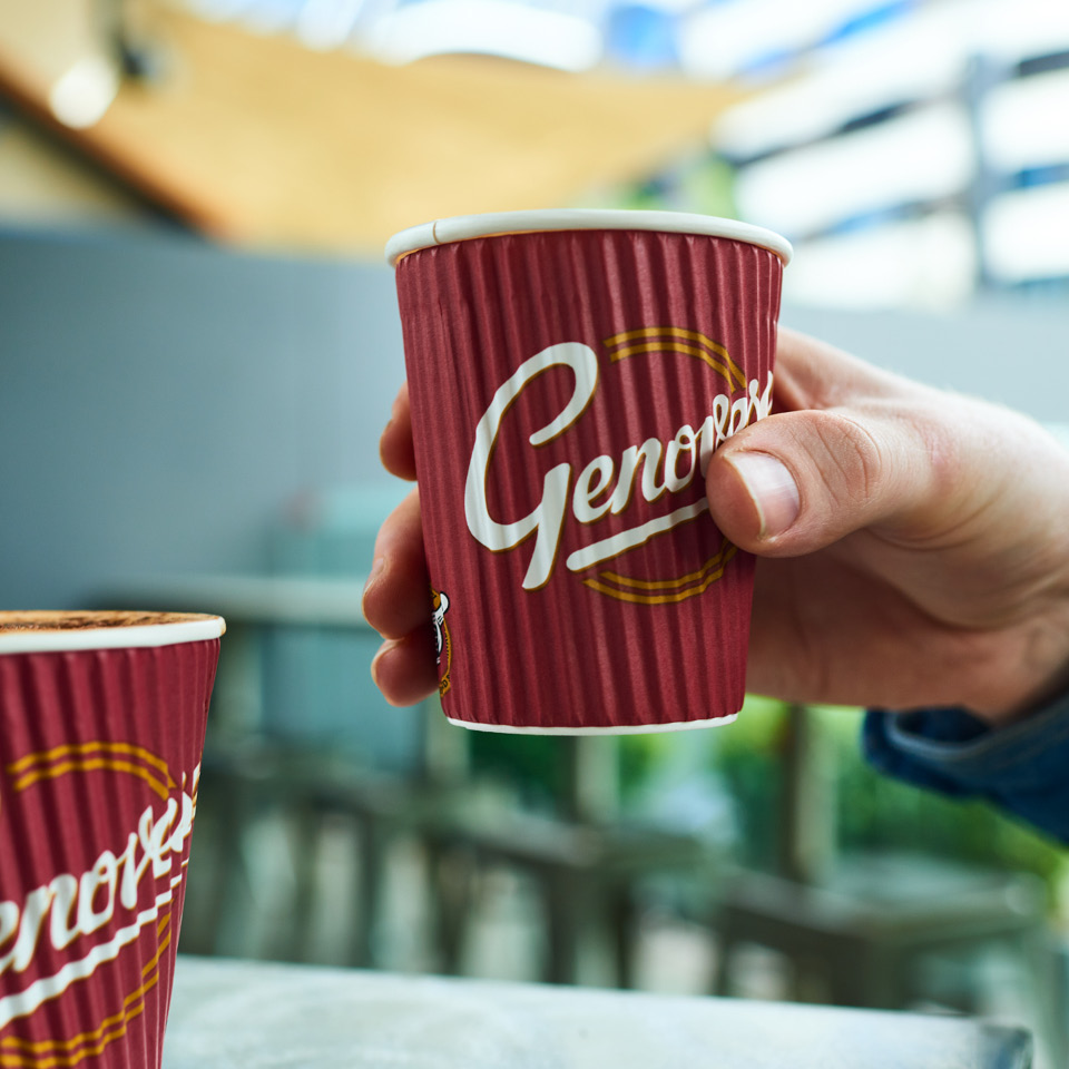 Genovese red and gold hot cup with hand