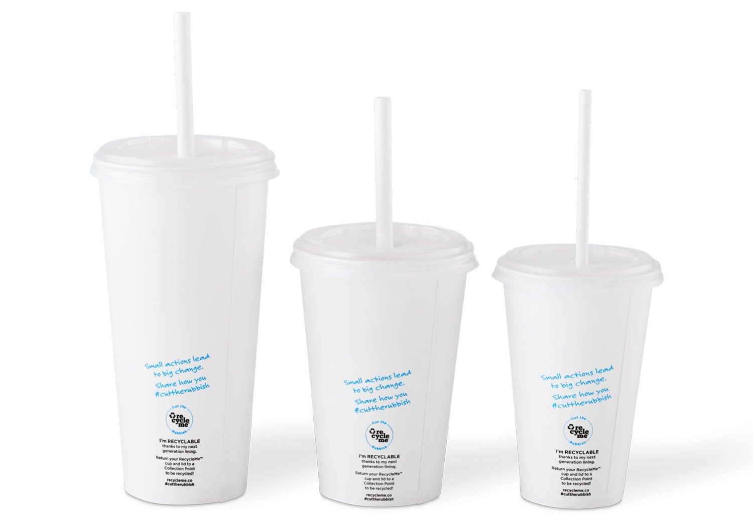 Image of three RecycleMe Cold Cups with recyclable Endura Paper Straw