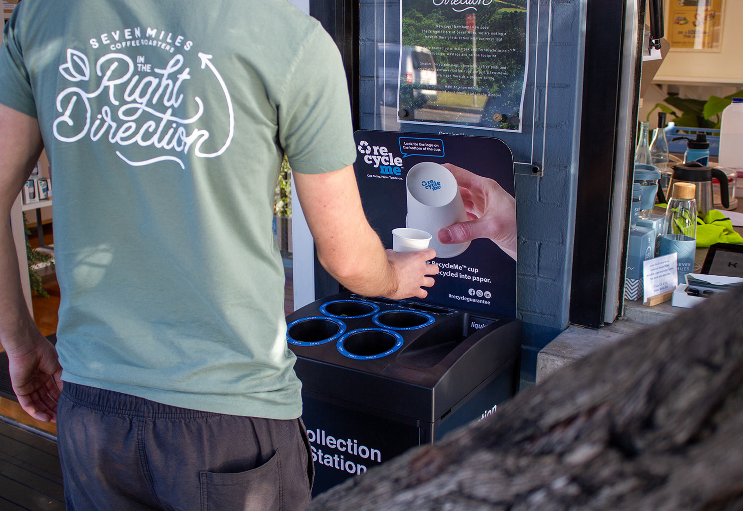 Image of Seven Miles RecycleMe cup being placed in a collection station 