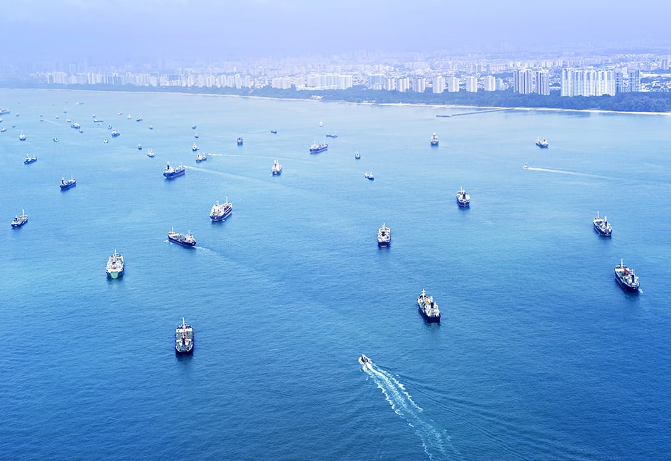 Image of ships in a canal waiting to get into a port