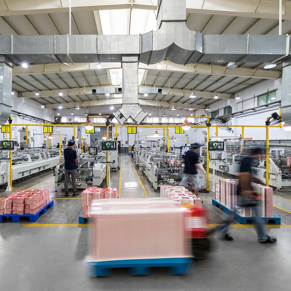 Image of machinery packaging boxes at the Detpak China facility