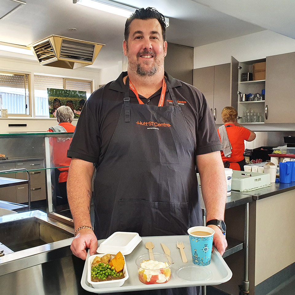 Hutt St Centre's Chef Peter, pictured with packaging items donated by Detpak