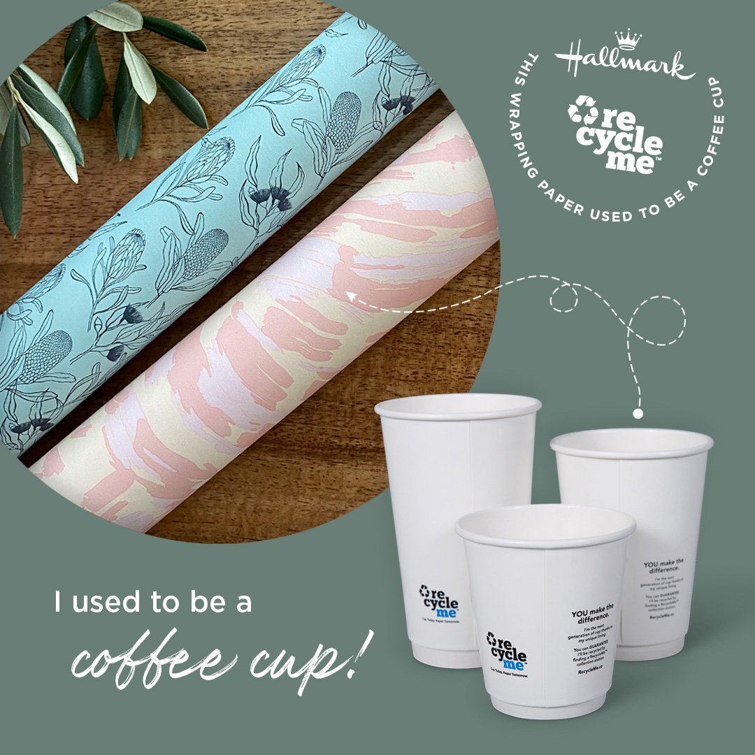 Image of Hallmark RecycleMe gift wrap with tag "I used to be a coffee cup" 