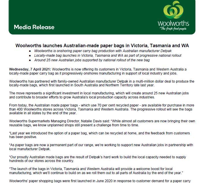 Image of media release from Detpak and Woolworths