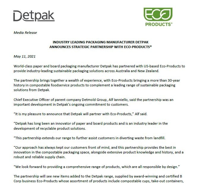 Image of Media release Detpak and Eco-Products