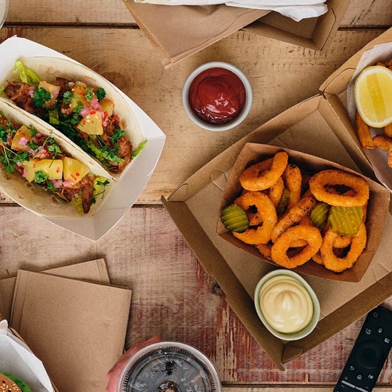 Takeaway food served in paper and board packaging. 