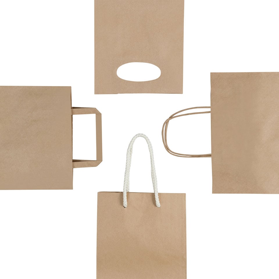 Image of four paper bags with different handle types. One has a rope handle, another a paper folded handle, one has a paper twist handle and another has a die-cut handle. 