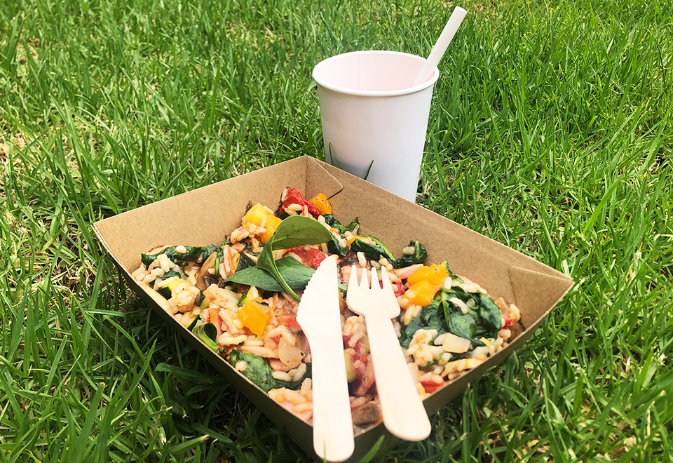Image of cup and cutlery sitting on grass